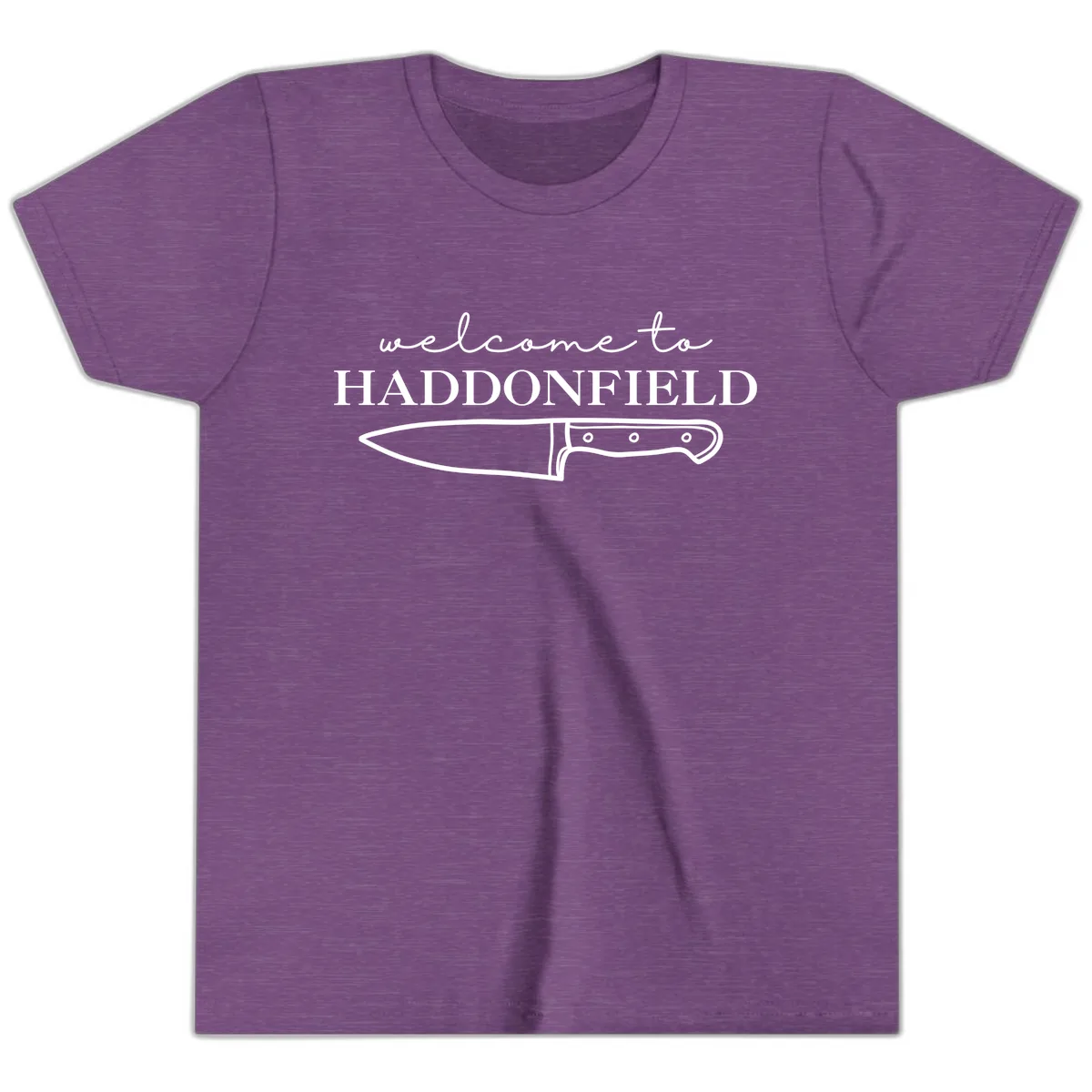 Welcome To Haddonfield Halloween Knife Design Youth T-Shirt in Heather Team Purple