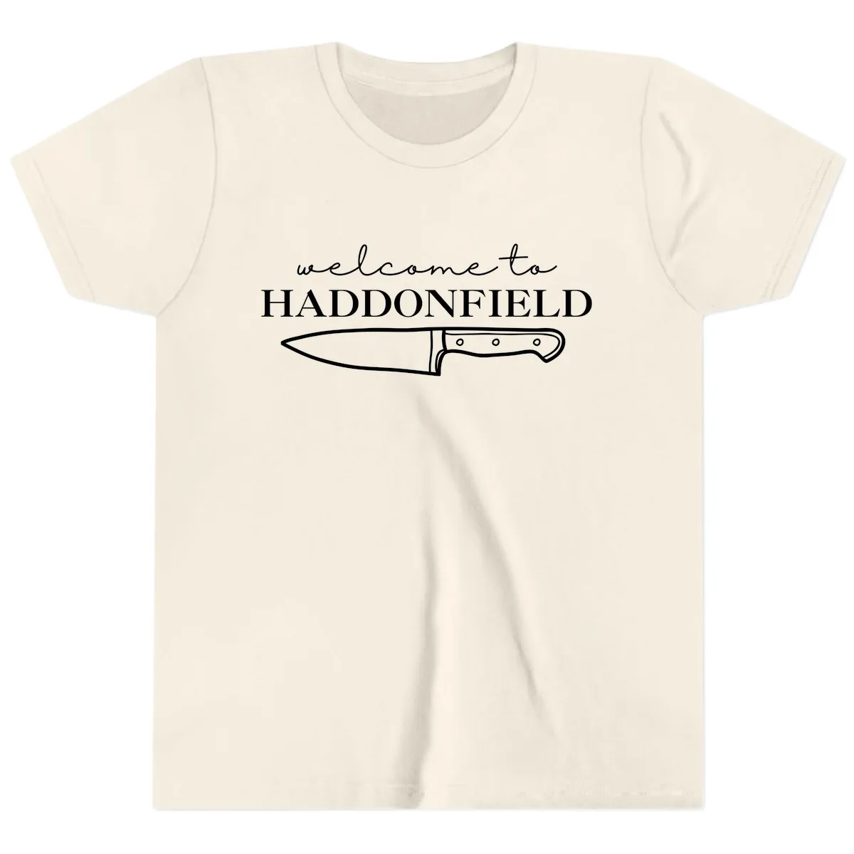 Welcome To Haddonfield Halloween Knife Design Youth T-Shirt in Natural