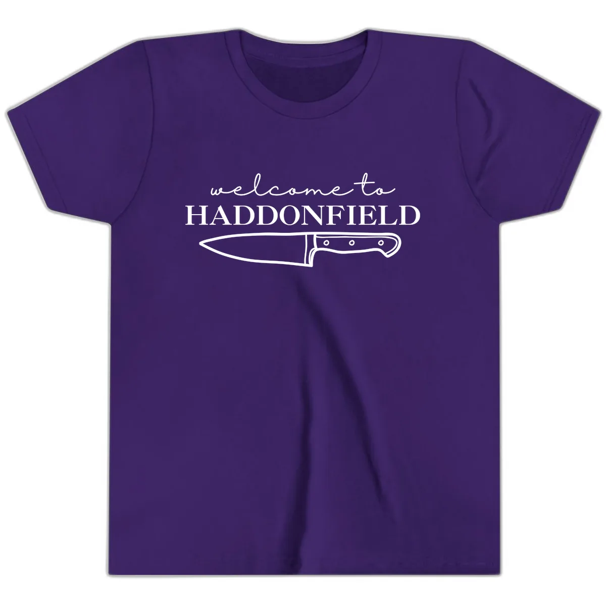 Welcome To Haddonfield Halloween Knife Design Youth T-Shirt in Team Purple