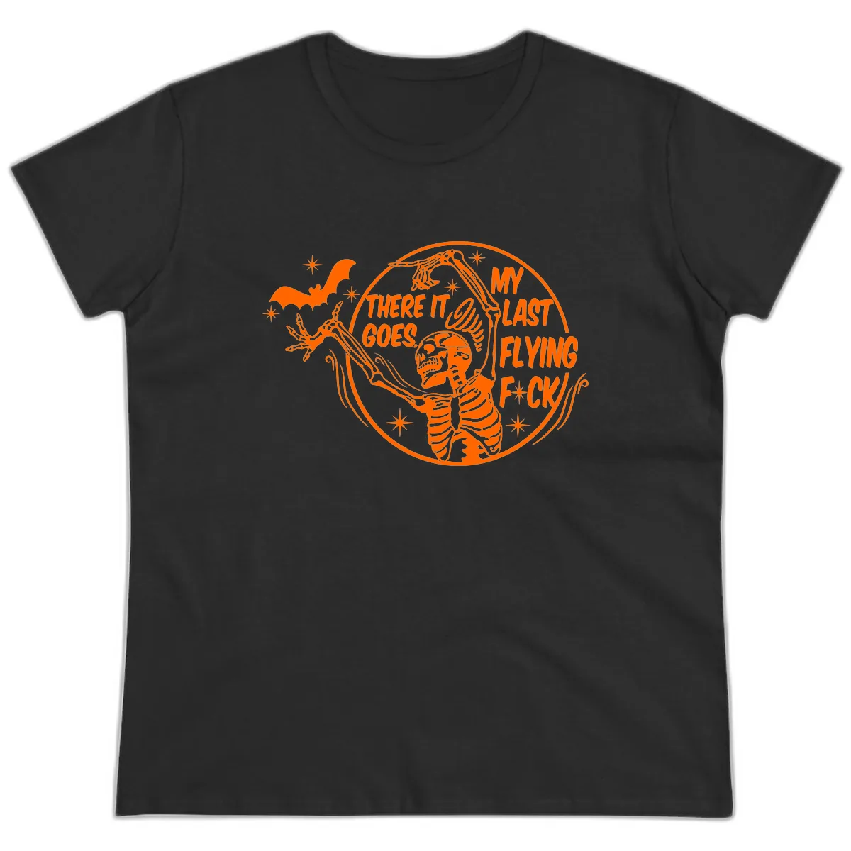 Skeleton's Last Flying F****** Halloween Design Ladies Tee in Black