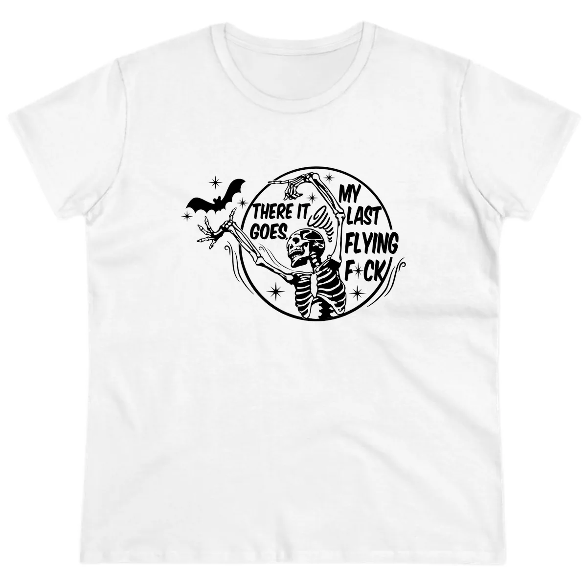 Skeleton's Last Flying F****** Halloween Design Ladies Tee in White