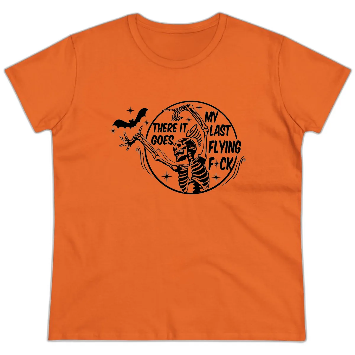 Skeleton's Last Flying F****** Halloween Design Ladies Tee in Orange