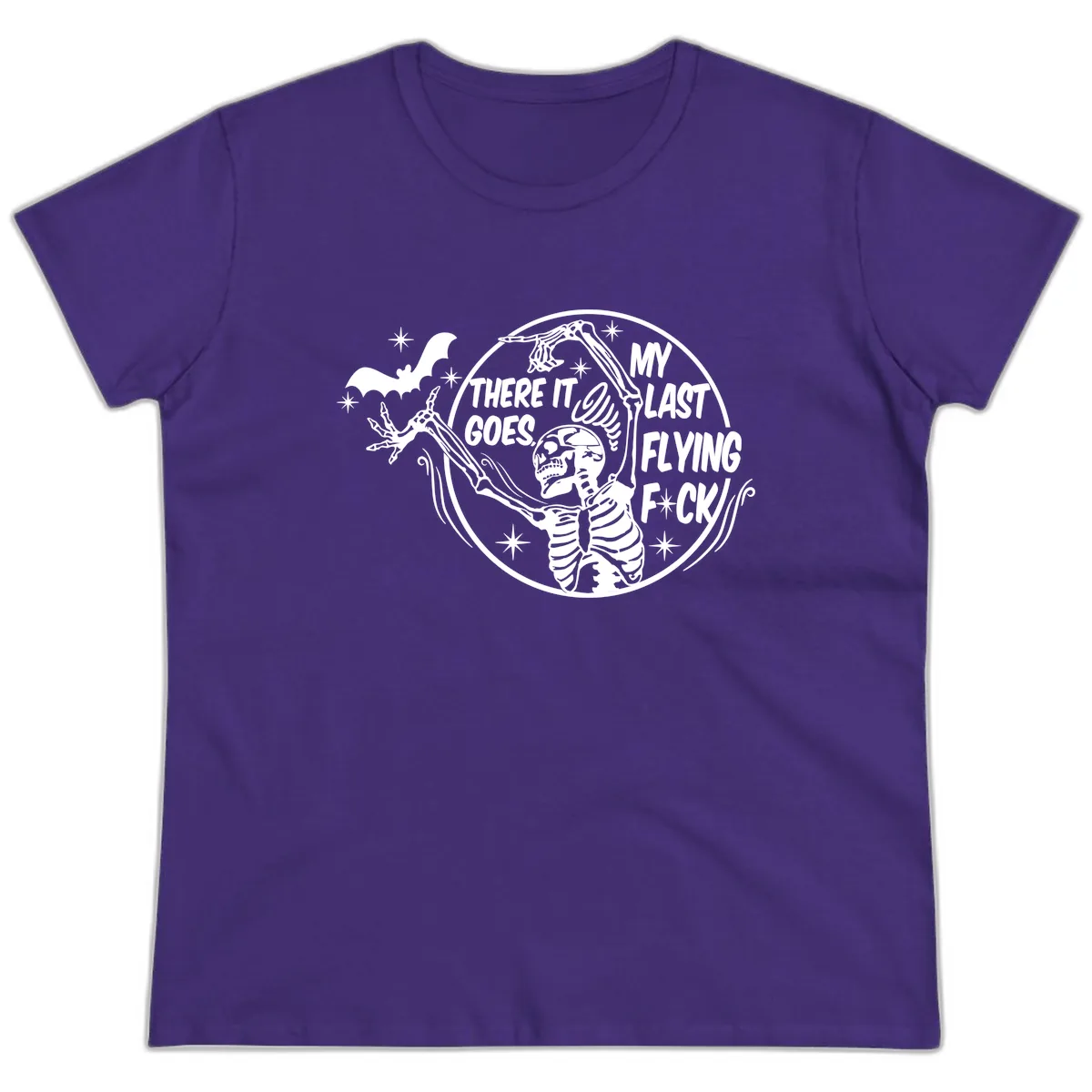 Skeleton's Last Flying F****** Halloween Design Ladies Tee in Purple