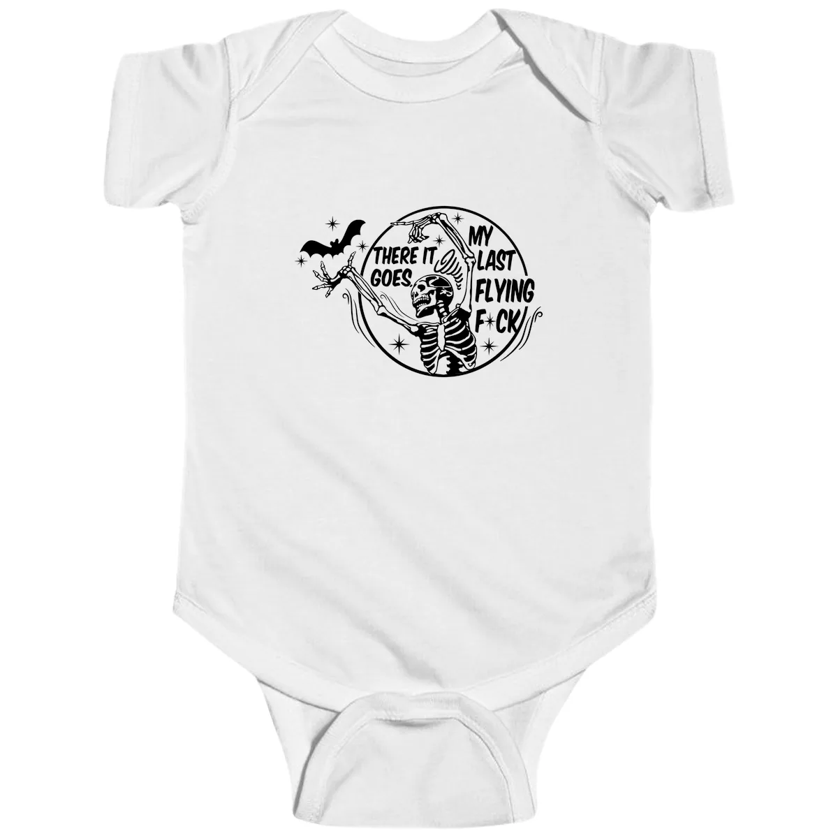 Skeleton's Last Flying F****** Halloween Design Baby Onesie in White