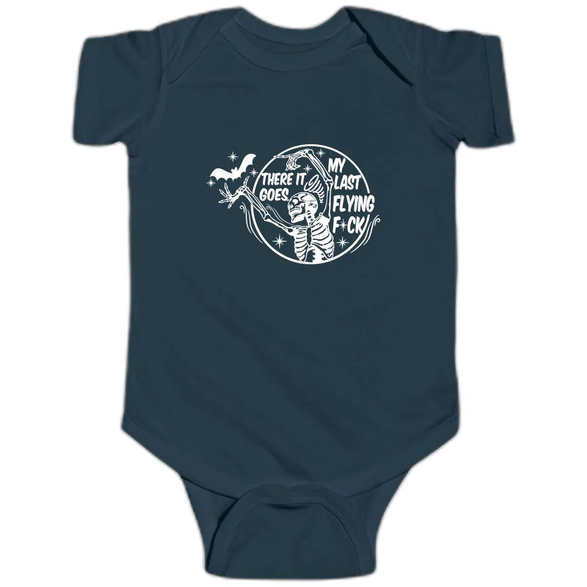Skeleton's Last Flying F****** Halloween Design Baby Onesie in Navy