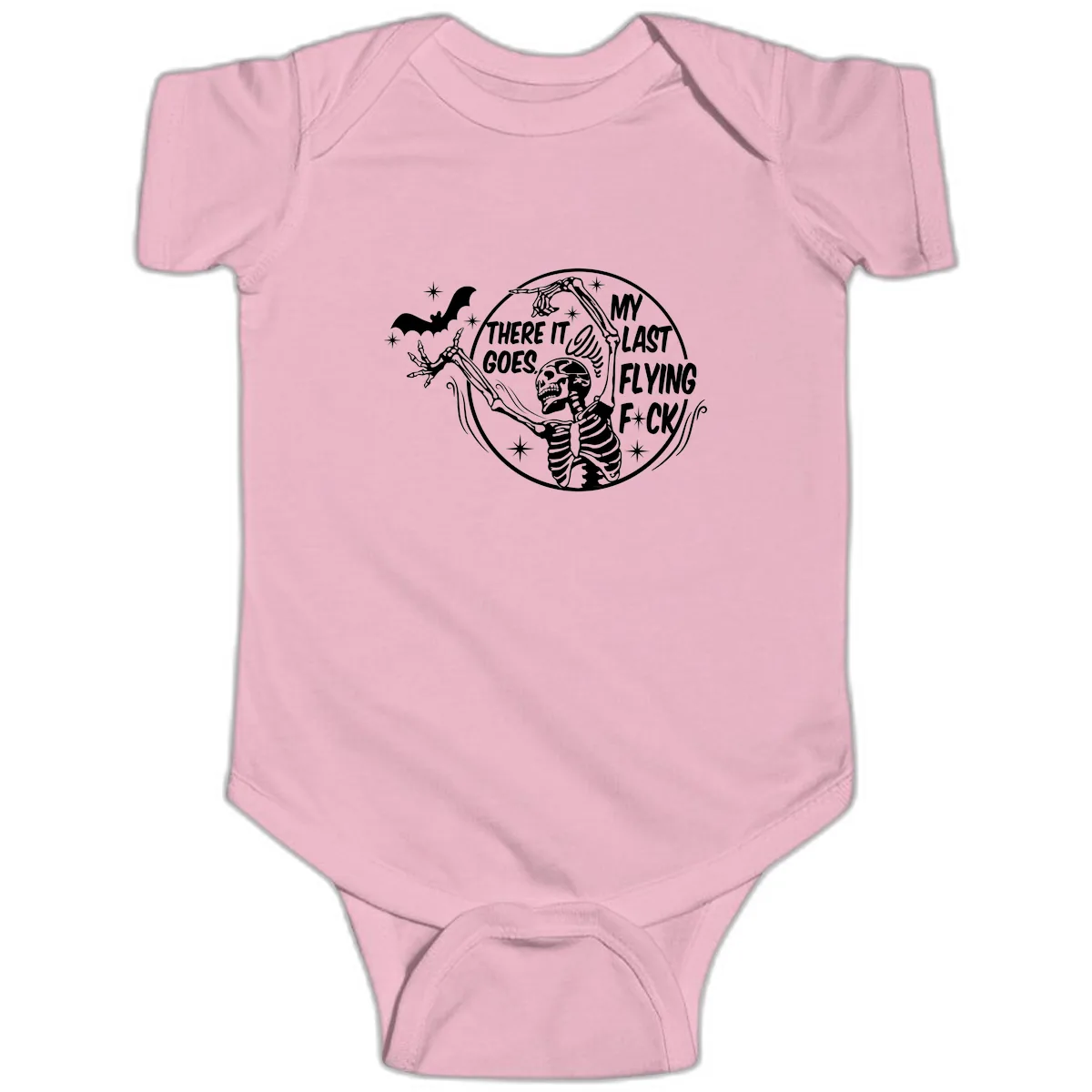 Skeleton's Last Flying F****** Halloween Design Baby Onesie in Pink