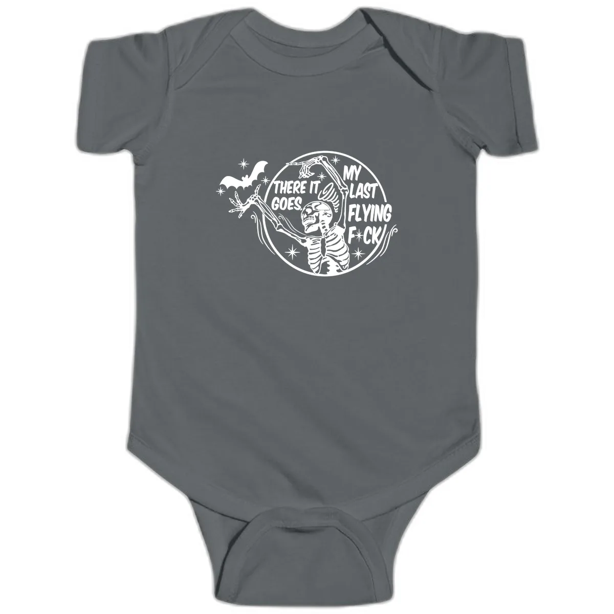 Skeleton's Last Flying F****** Halloween Design Baby Onesie in Charcoal