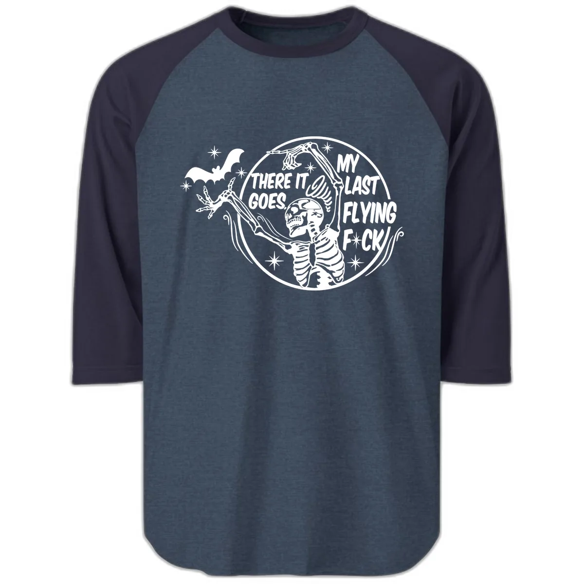 Skeleton's Last Flying F****** Halloween Design Raglan 3/4 in Heather Denim Navy