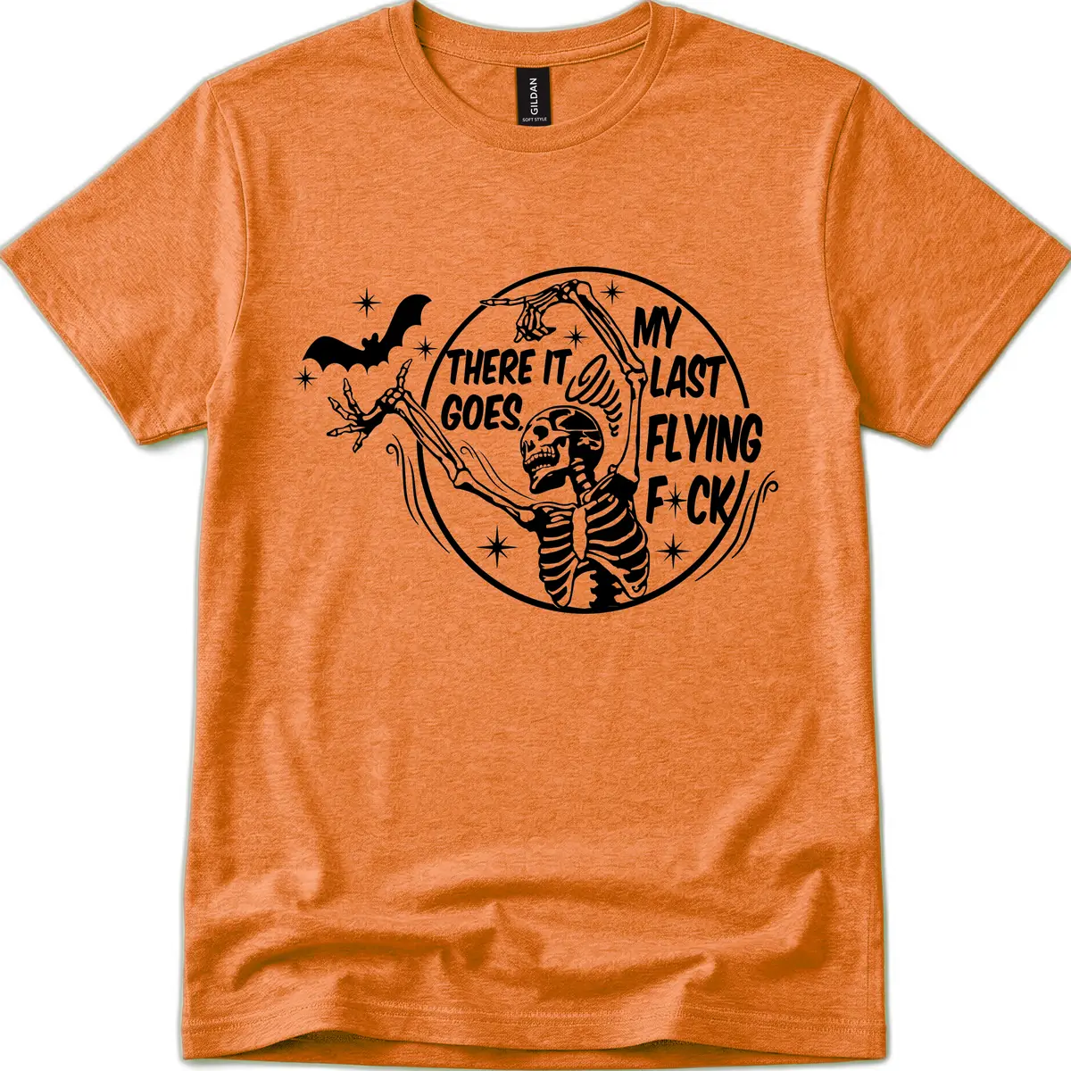 Skeleton's Last Flying F****** Halloween Design T-Shirt in Heather Orange