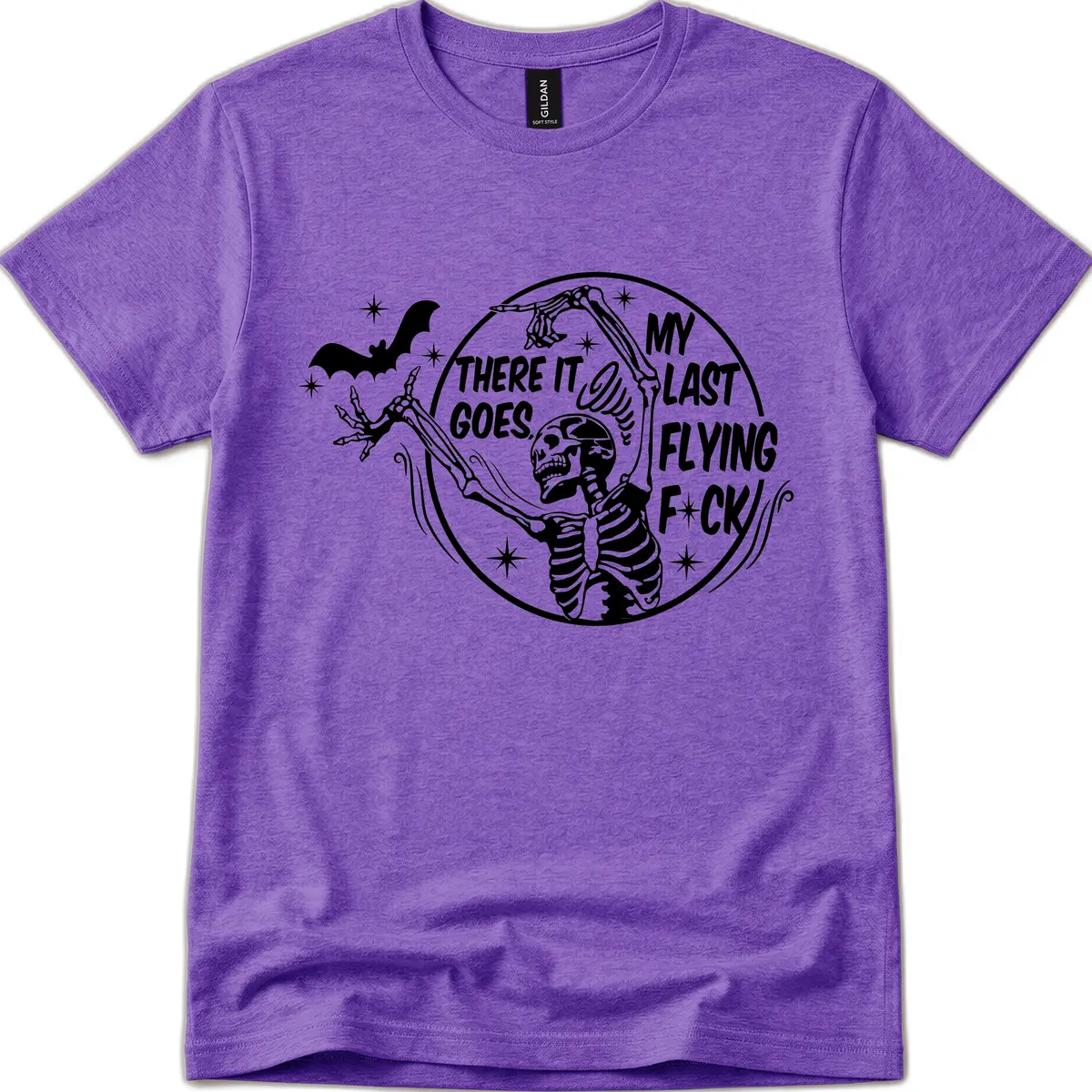 Skeleton's Last Flying F****** Halloween Design T-Shirt in Heather Purple