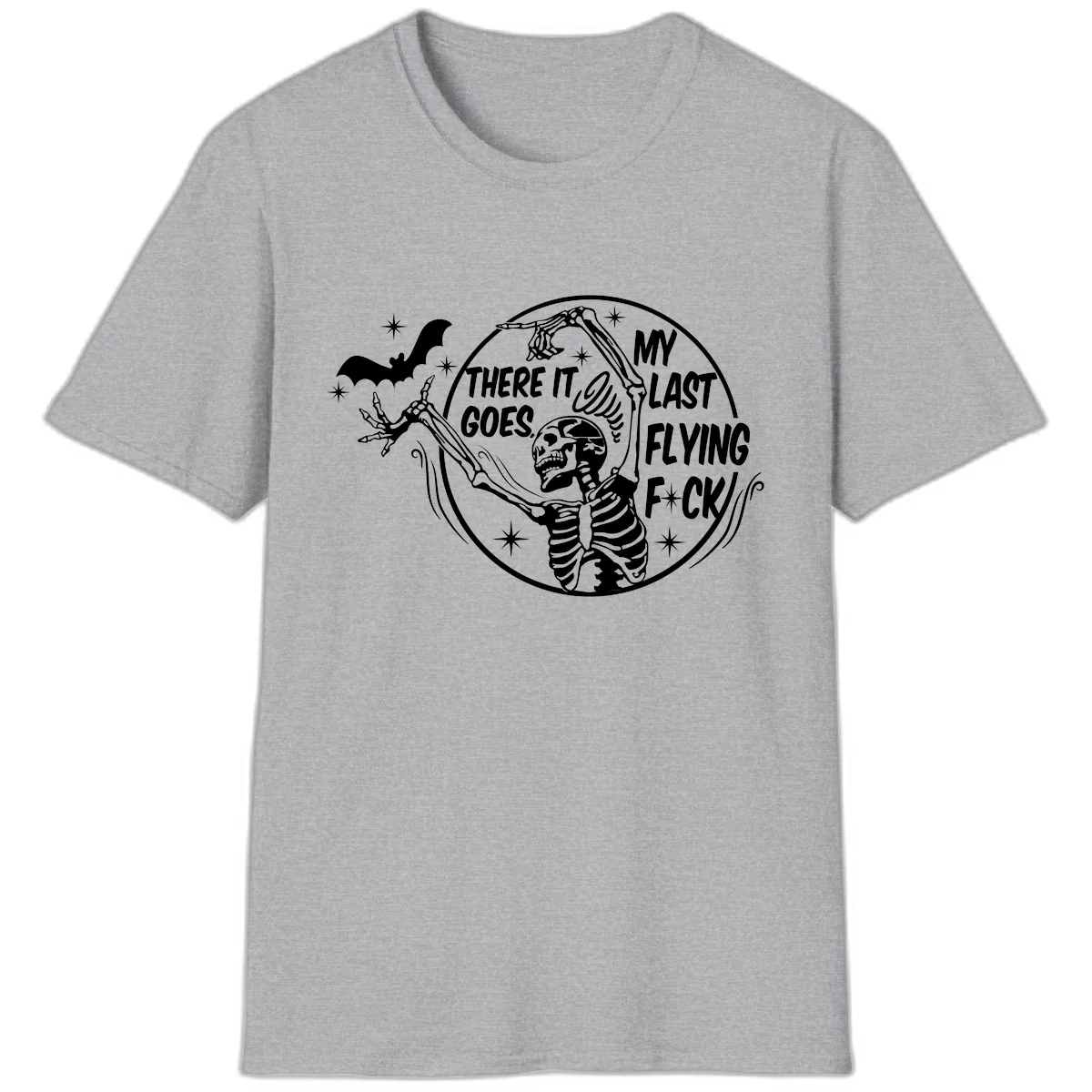 Skeleton's Last Flying F****** Halloween Design T-Shirt in Sport Grey