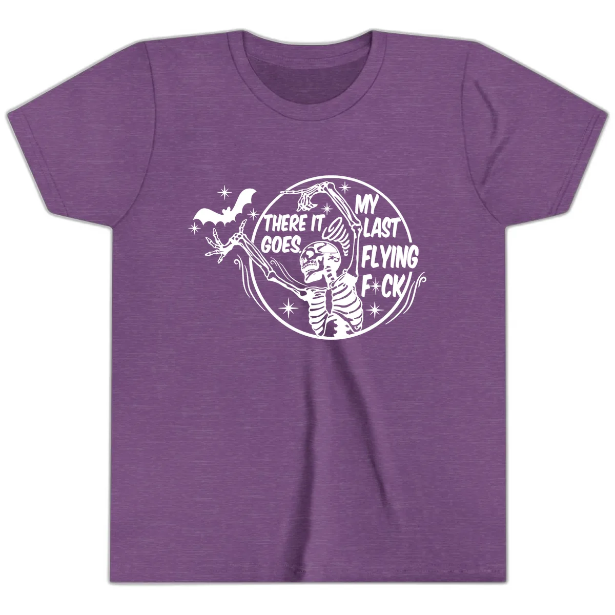 Skeleton's Last Flying F****** Halloween Design Youth T-Shirt in Heather Team Purple