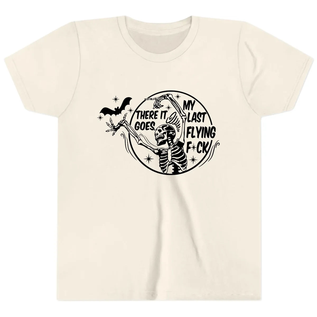 Skeleton's Last Flying F****** Halloween Design Youth T-Shirt in Natural