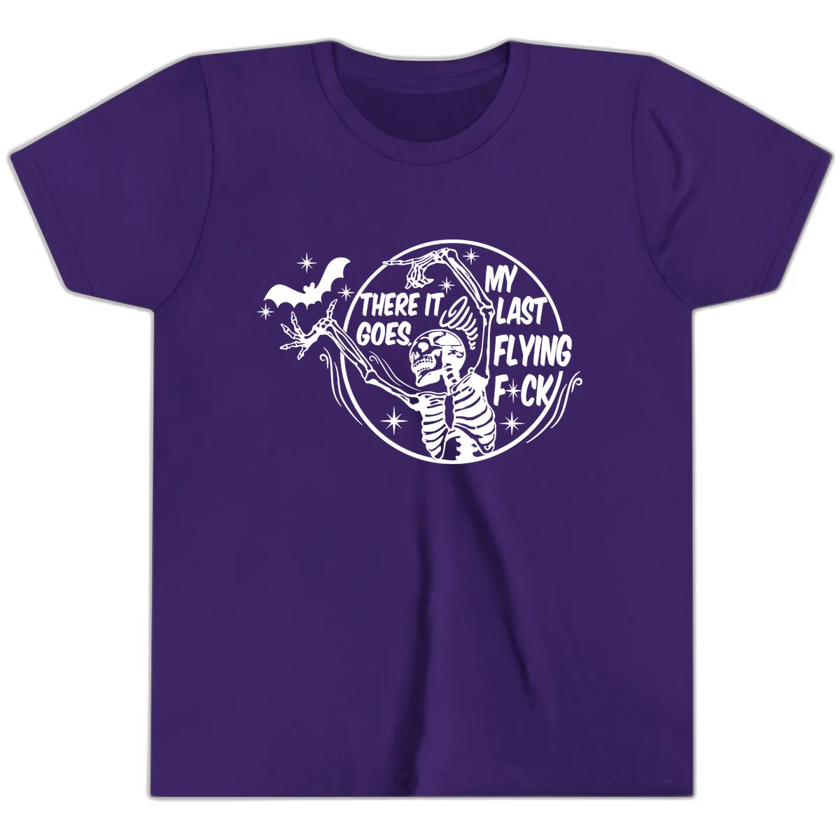 Skeleton's Last Flying F****** Halloween Design Youth T-Shirt in Team Purple