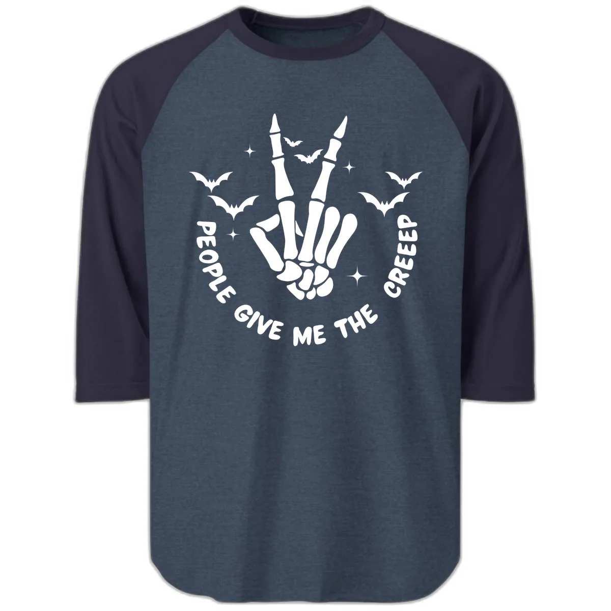 Skeleton Peace Hand Halloween Raglan 3/4 in Heather Denim Navy
