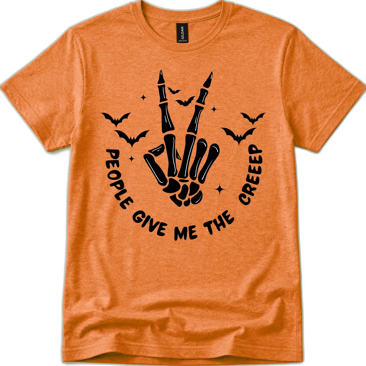 Skeleton Peace Hand Halloween T-Shirt in Heather Orange