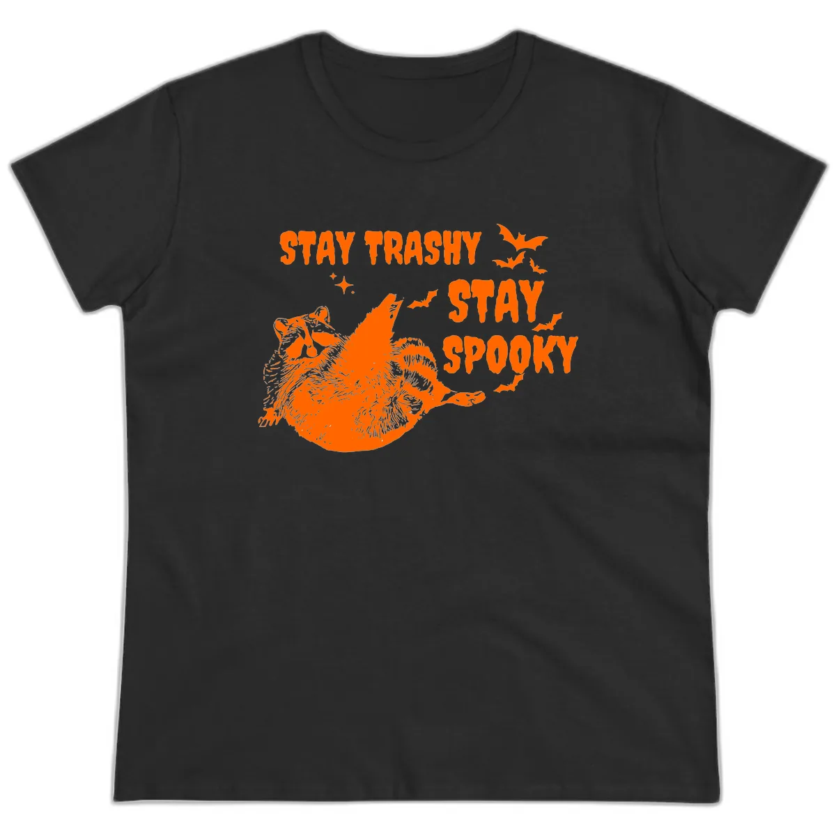 Stay Trashy Stay Spooky Raccoon Ladies Tee in Black