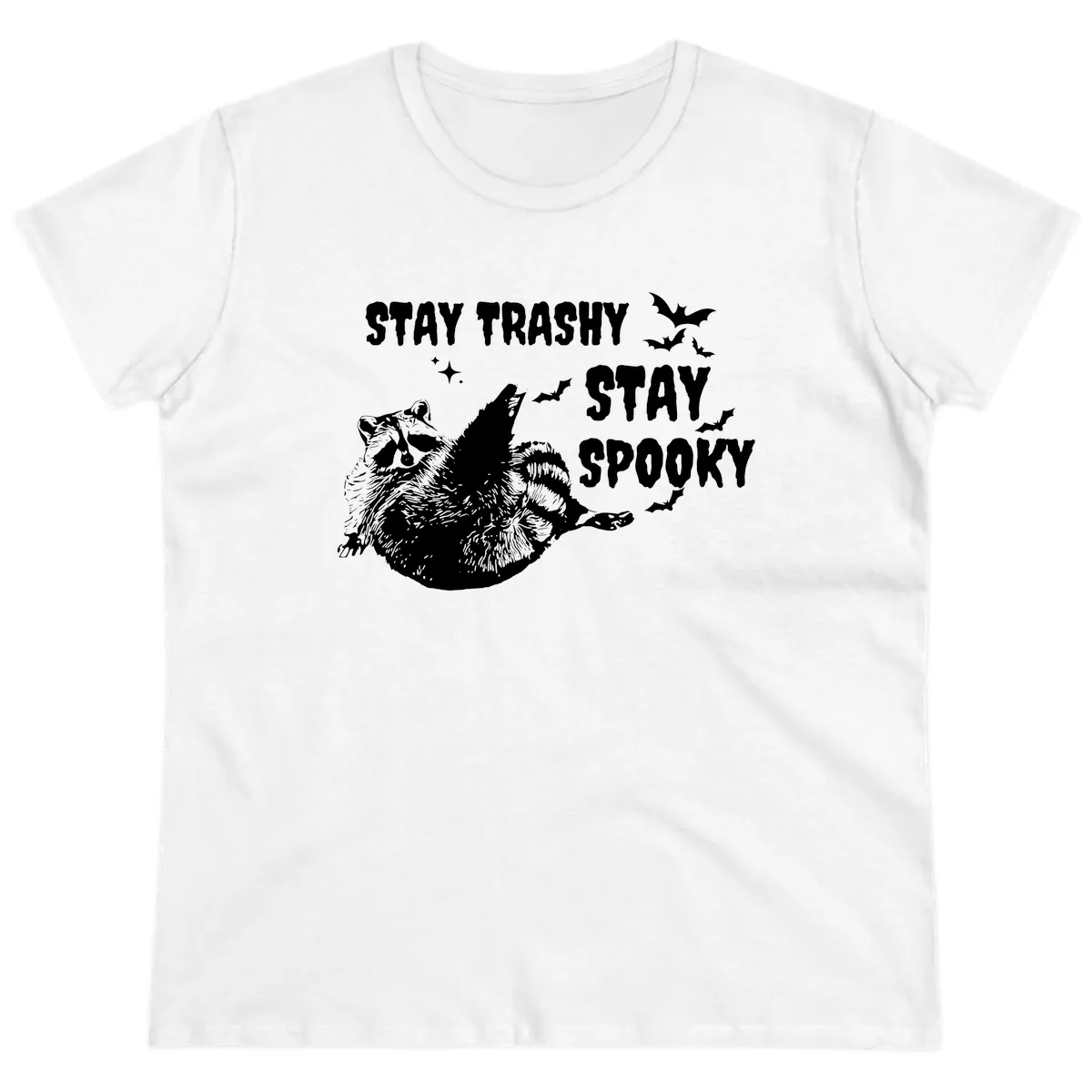 Stay Trashy Stay Spooky Raccoon Ladies Tee in White