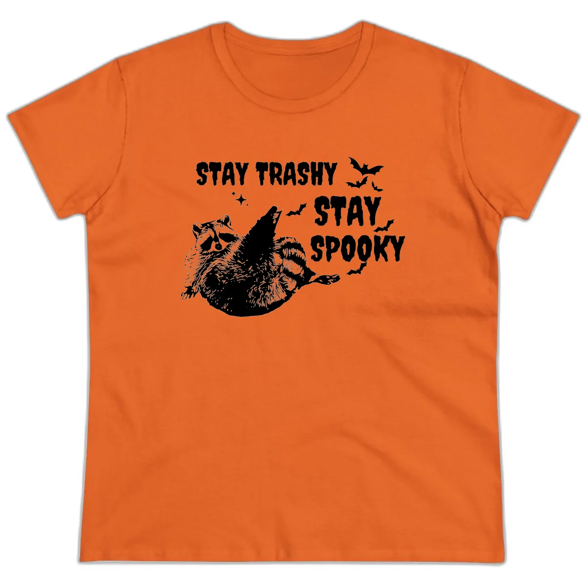 Stay Trashy Stay Spooky Raccoon Ladies Tee in Orange