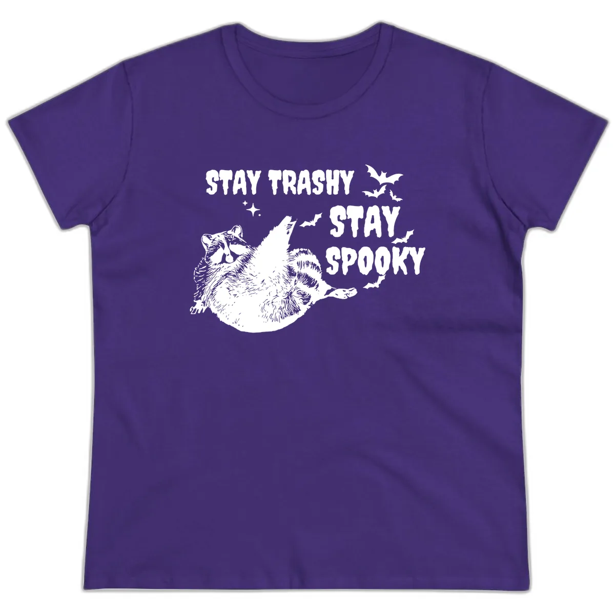 Stay Trashy Stay Spooky Raccoon Ladies Tee in Purple