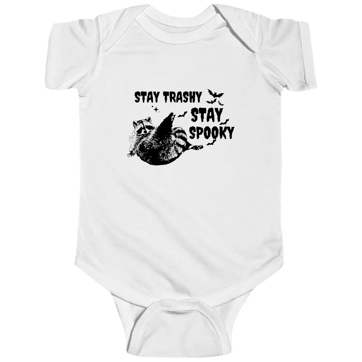Stay Trashy Stay Spooky Raccoon Baby Onesie in White