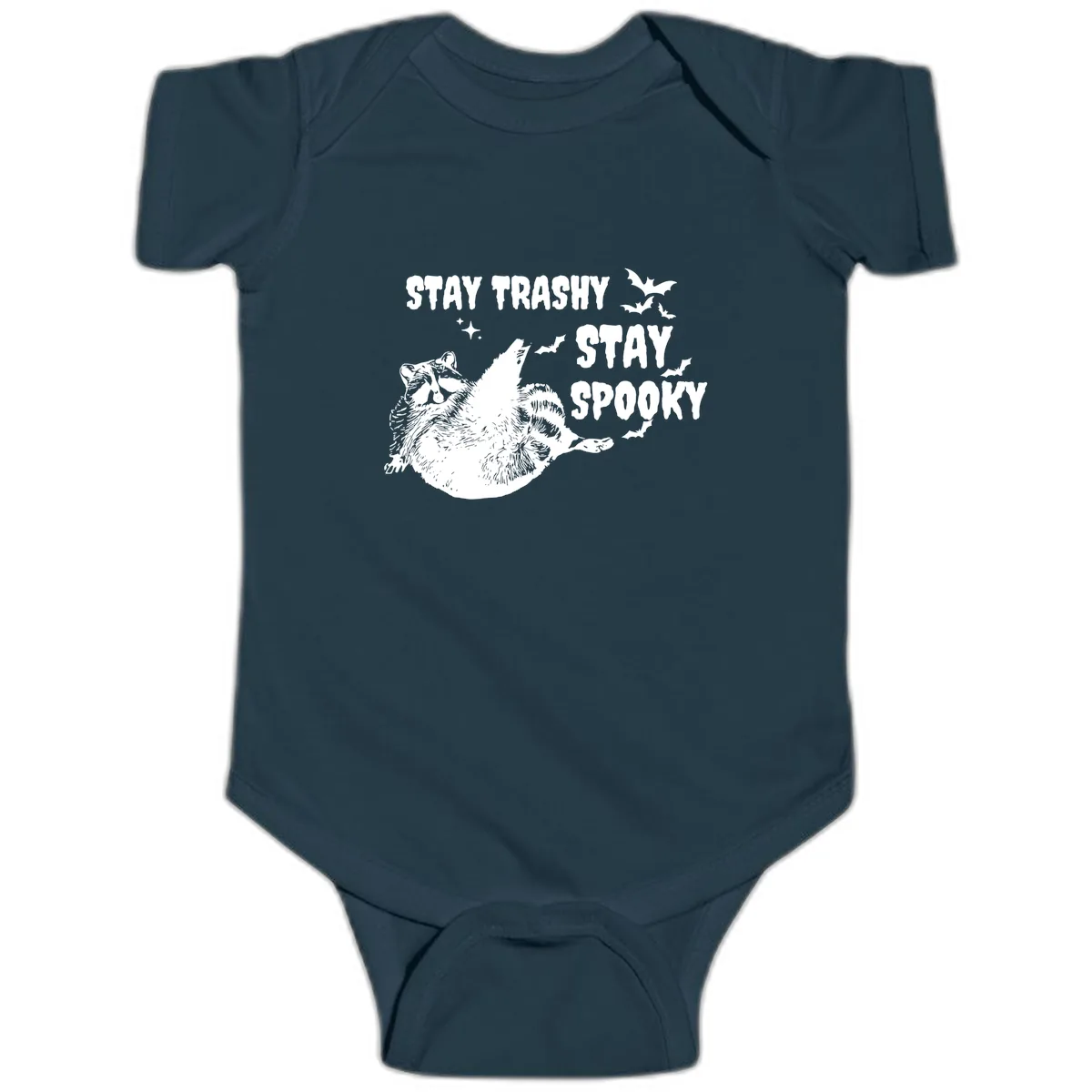 Stay Trashy Stay Spooky Raccoon Baby Onesie in Navy