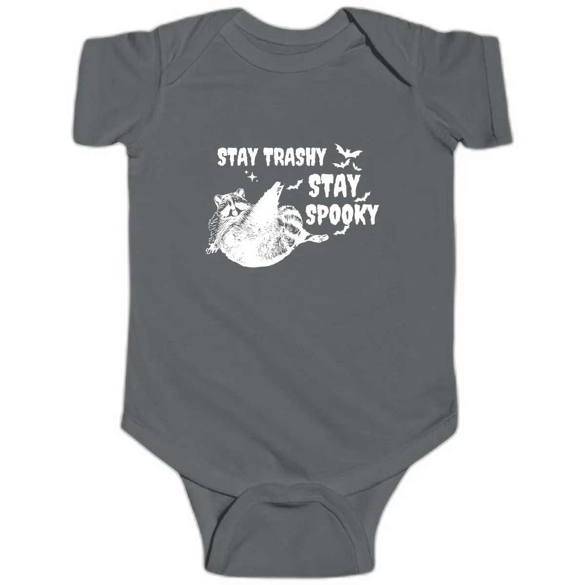 Stay Trashy Stay Spooky Raccoon Baby Onesie in Charcoal