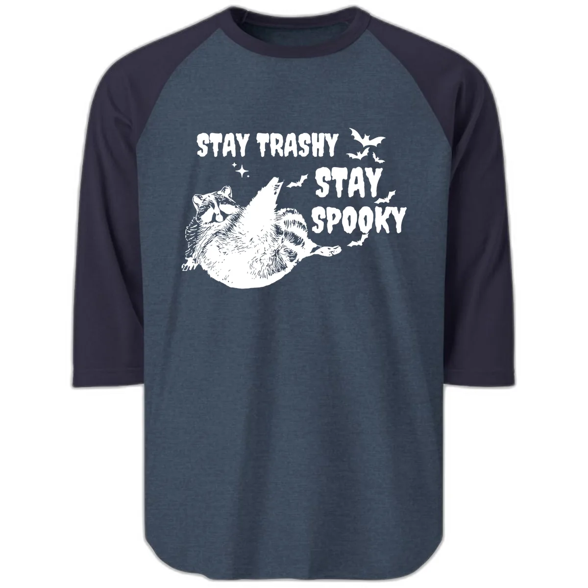 Stay Trashy Stay Spooky Raccoon Raglan 3/4 in Heather Denim Navy
