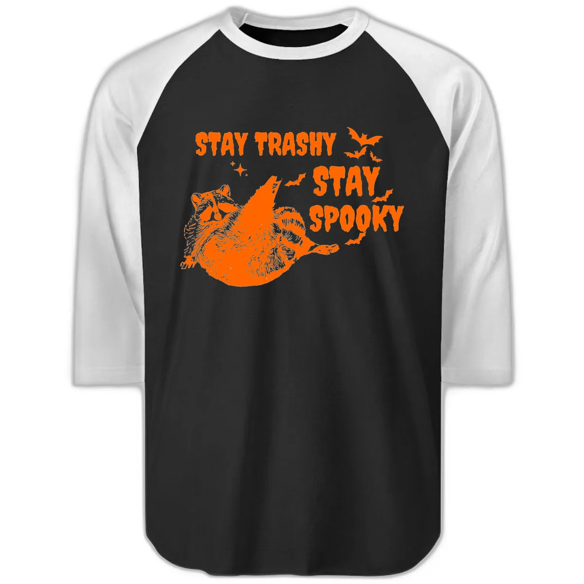 Stay Trashy Stay Spooky Raccoon Raglan 3/4 in Black White