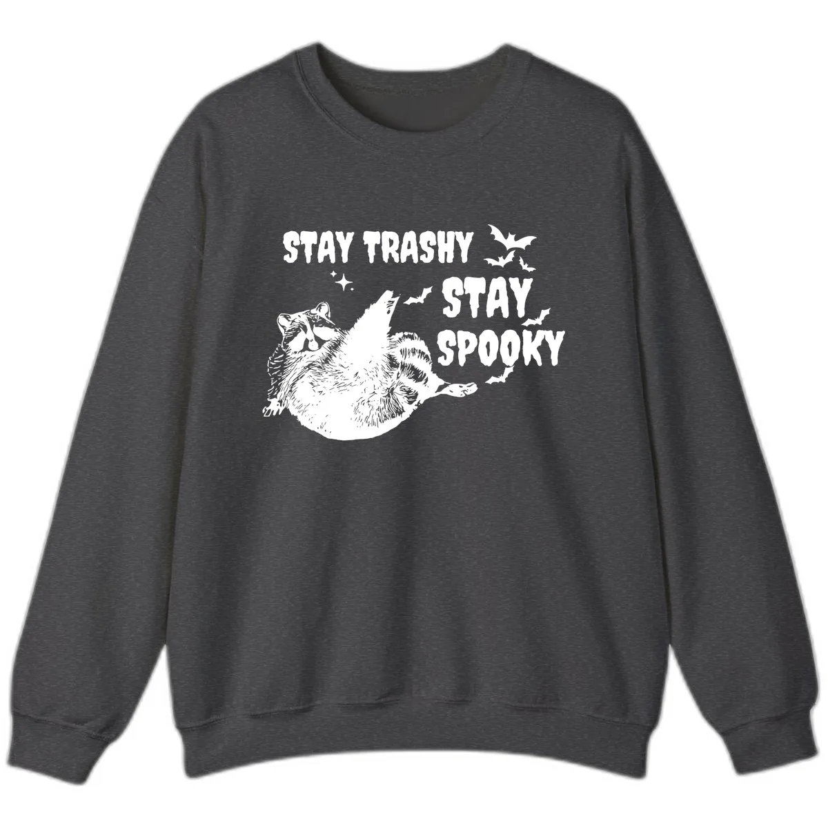 Stay Trashy Stay Spooky Raccoon Sweatshirt in Dark Heather