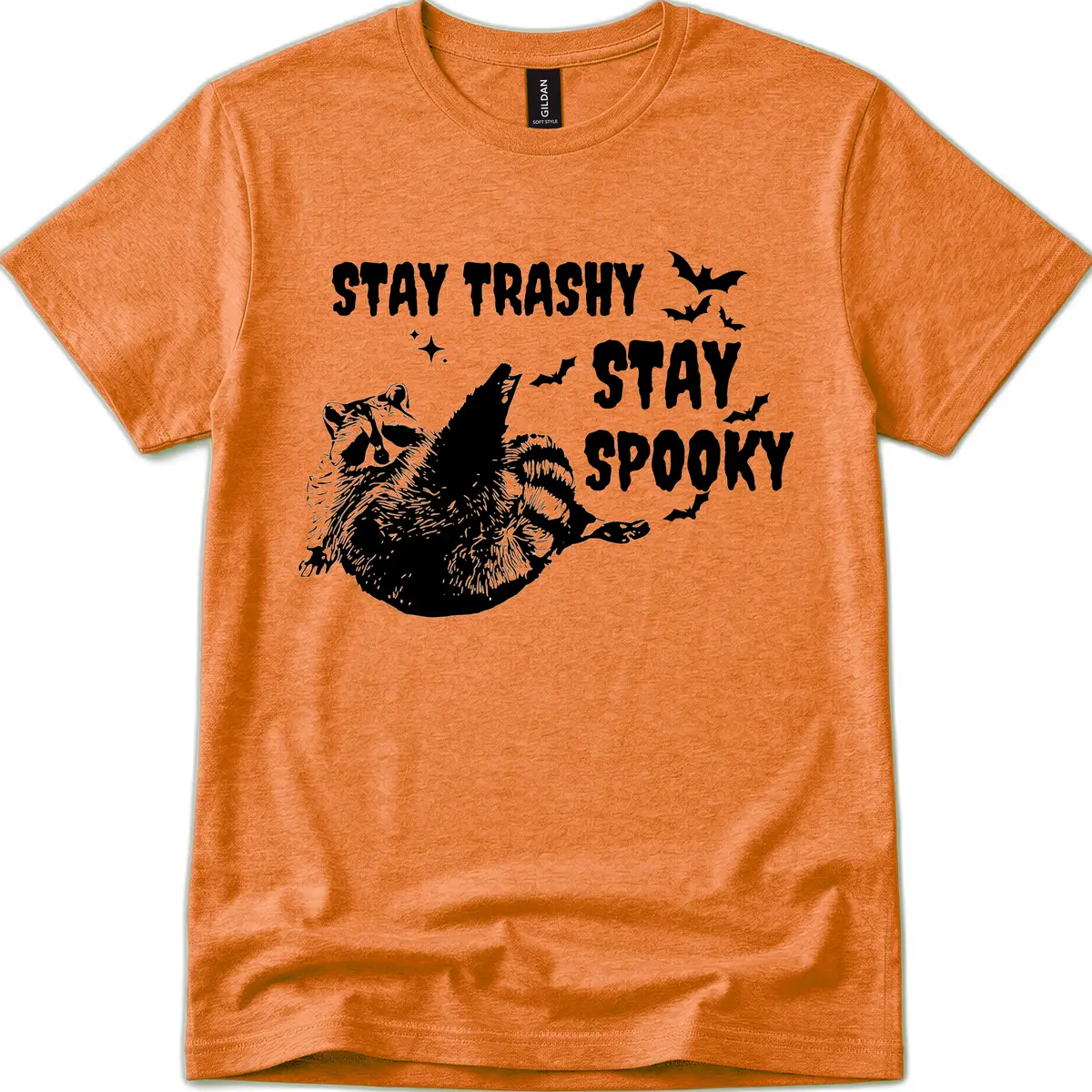Stay Trashy Stay Spooky Raccoon T-Shirt in Heather Orange