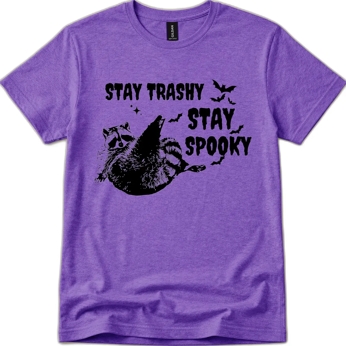 Stay Trashy Stay Spooky Raccoon T-Shirt in Heather Purple