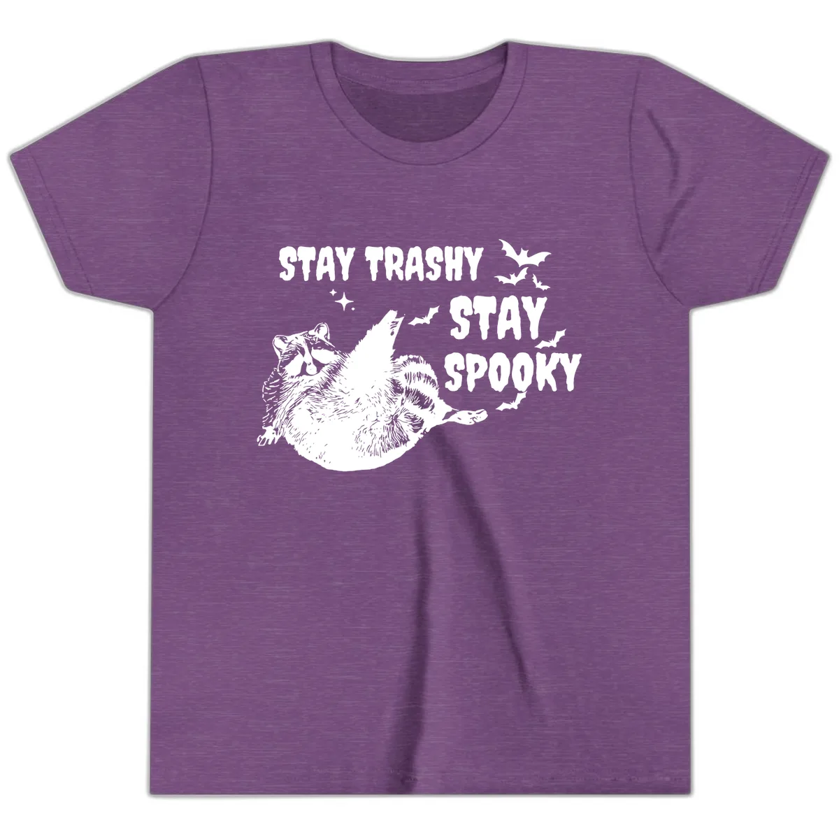 Stay Trashy Stay Spooky Raccoon Youth T-Shirt in Heather Team Purple