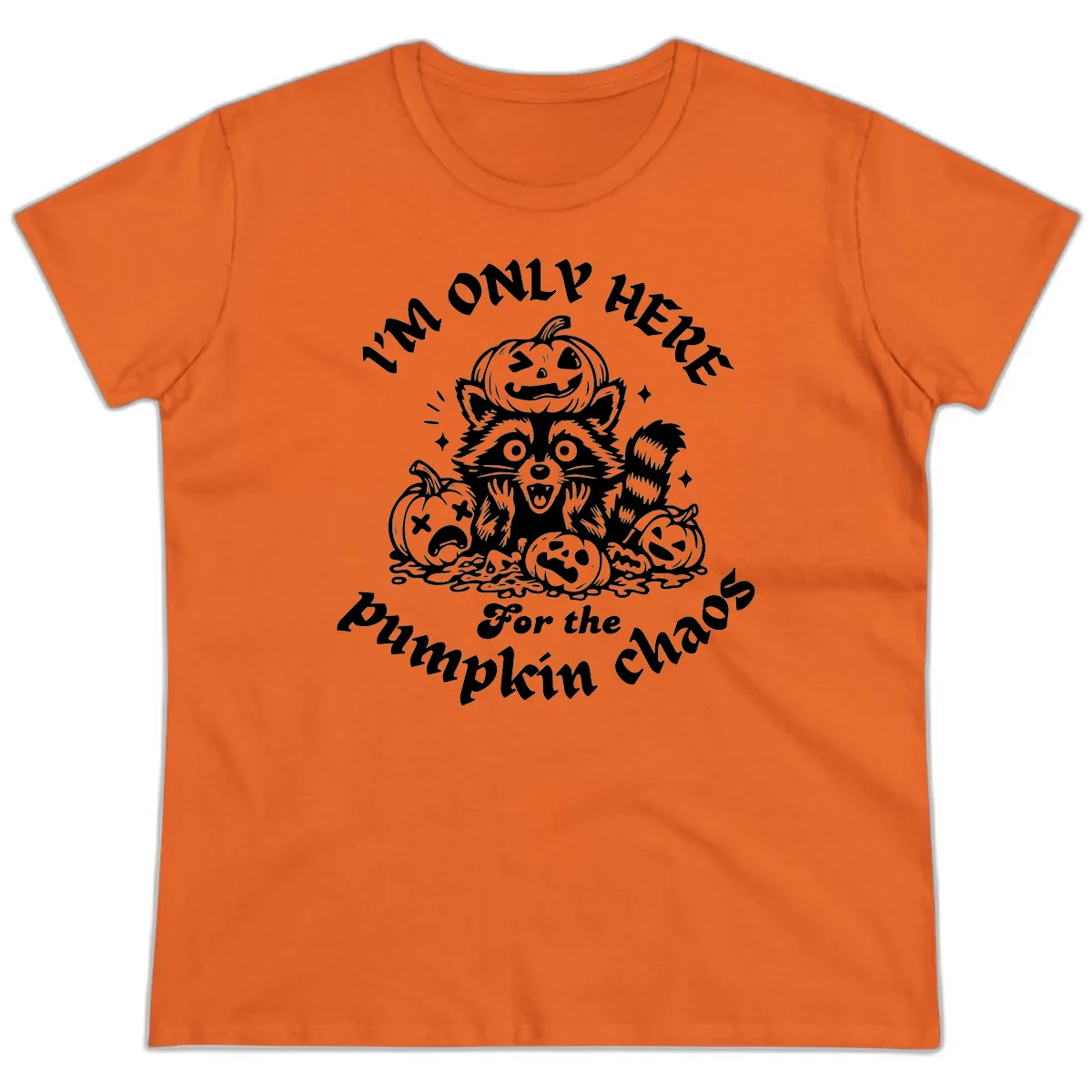 Raccoon For Pumpkin Chaos Halloween Ladies Tee in Orange