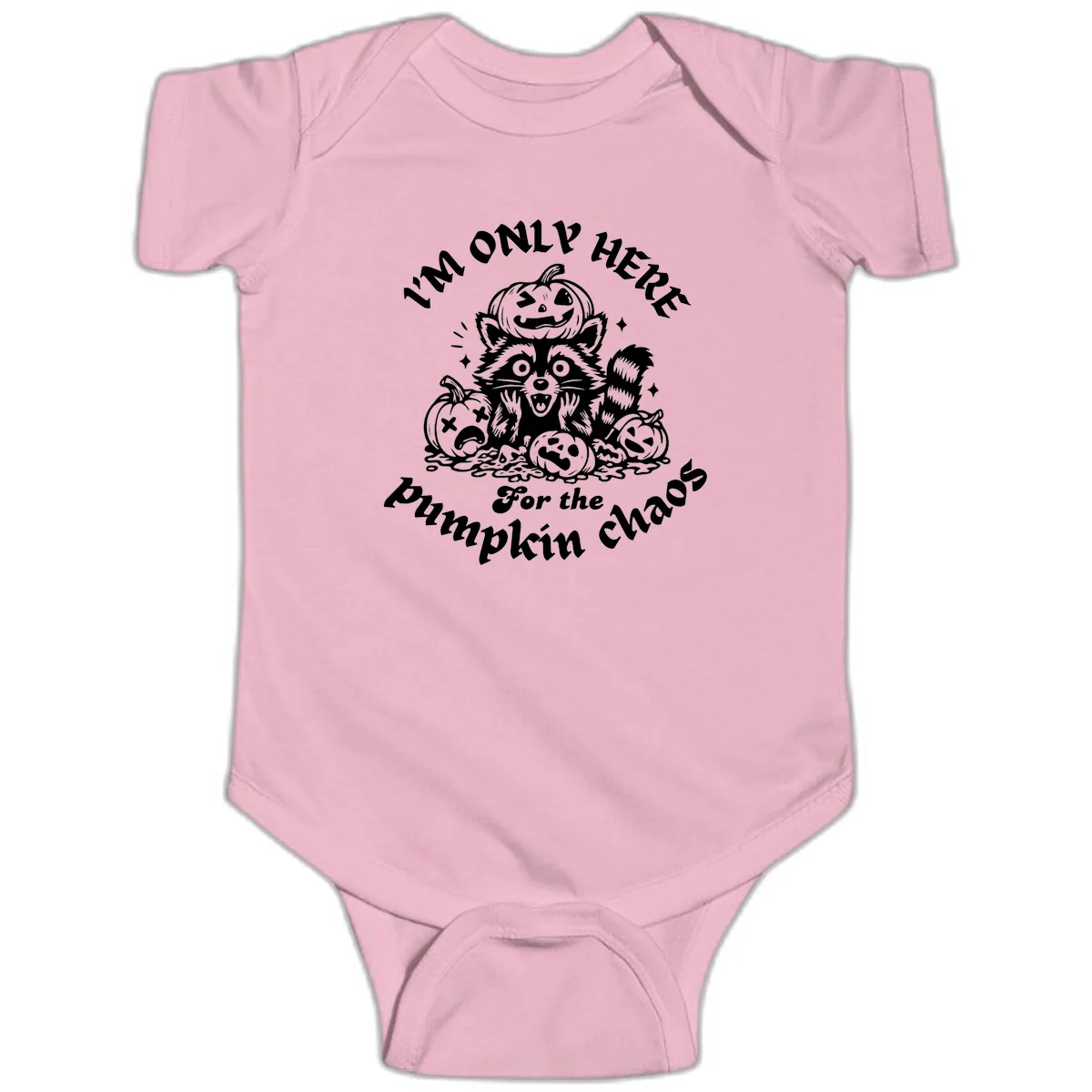 Raccoon For Pumpkin Chaos Halloween Baby Onesie in Pink