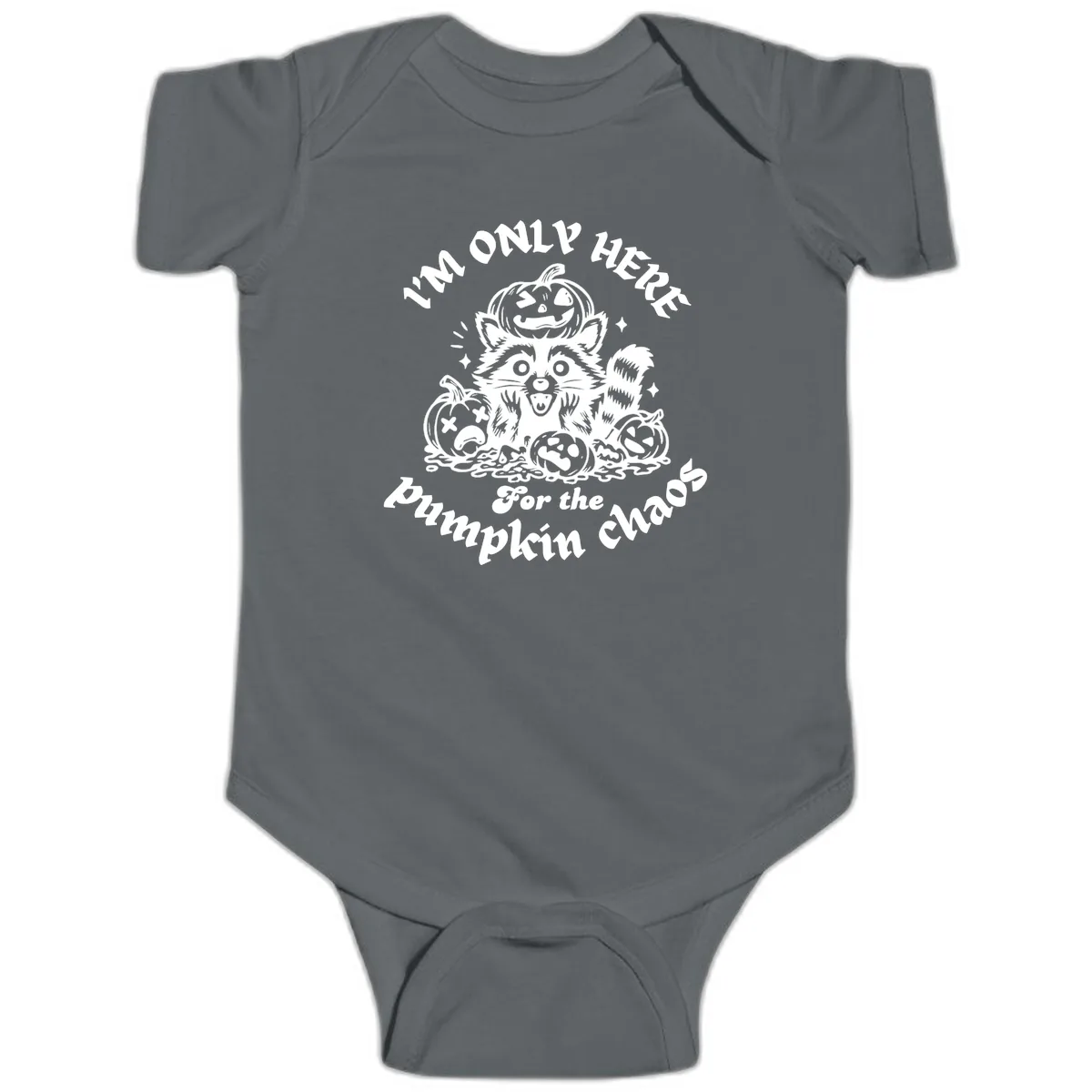 Raccoon For Pumpkin Chaos Halloween Baby Onesie in Charcoal