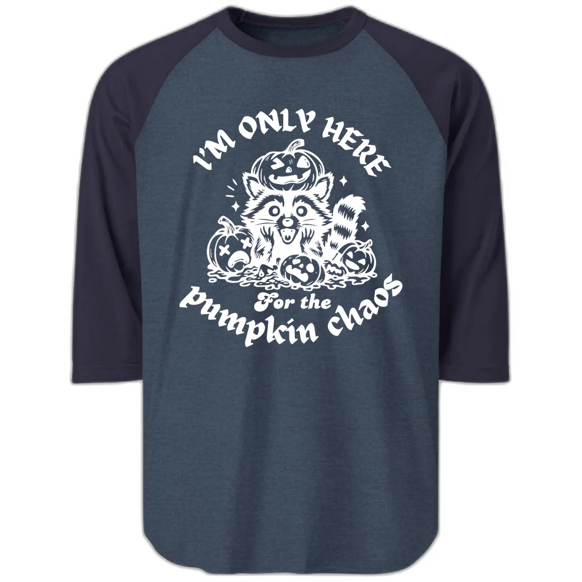Raccoon For Pumpkin Chaos Halloween Raglan 3/4 in Heather Denim Navy