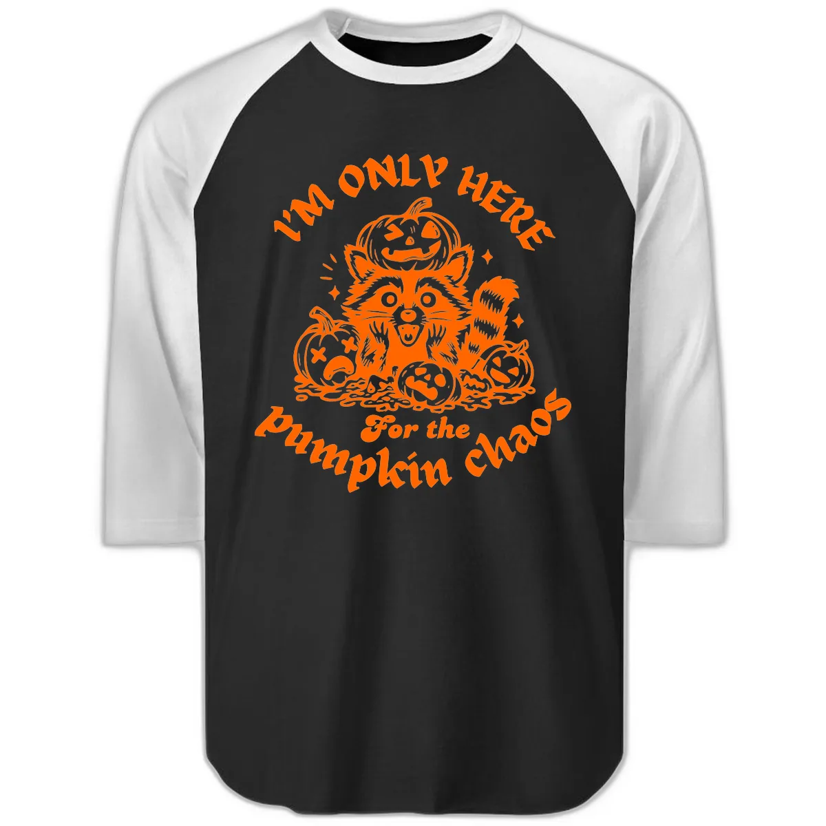 Raccoon For Pumpkin Chaos Halloween Raglan 3/4 in Black White