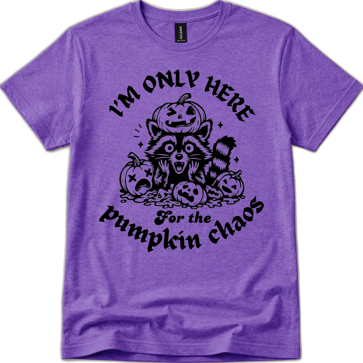 Raccoon For Pumpkin Chaos Halloween T-Shirt in Heather Purple