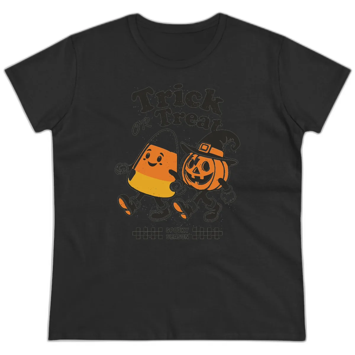 Trick Or Treat Candy Corn Pumpkin Pals Ladies Tee in Black