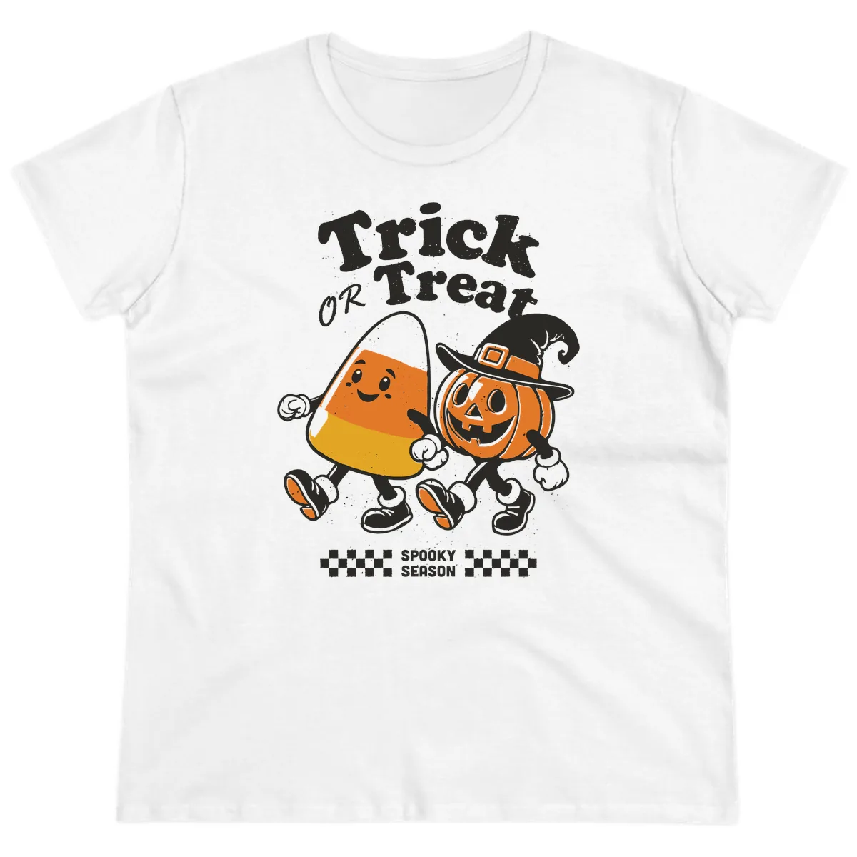 Trick Or Treat Candy Corn Pumpkin Pals Ladies Tee in White