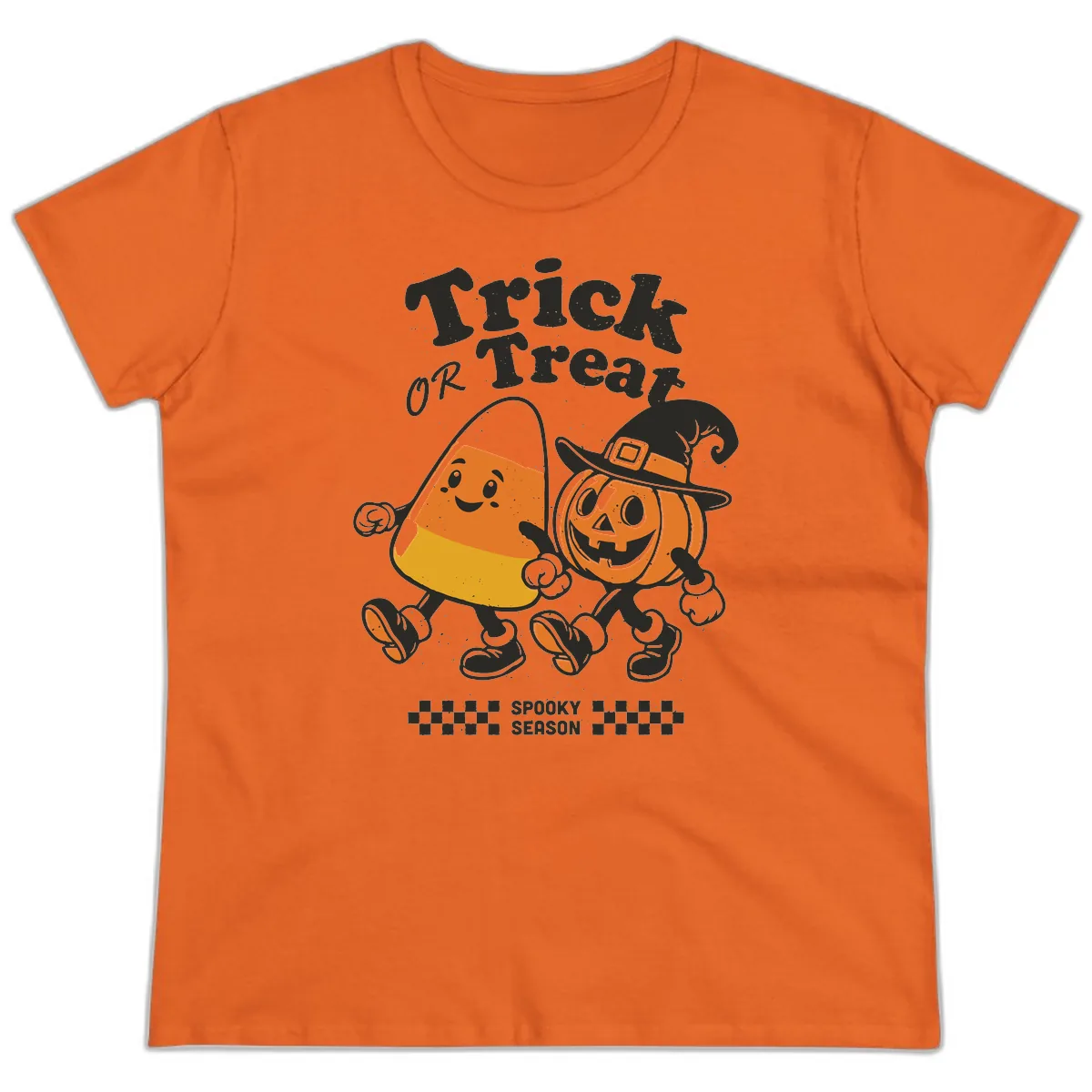 Trick Or Treat Candy Corn Pumpkin Pals Ladies Tee in Orange