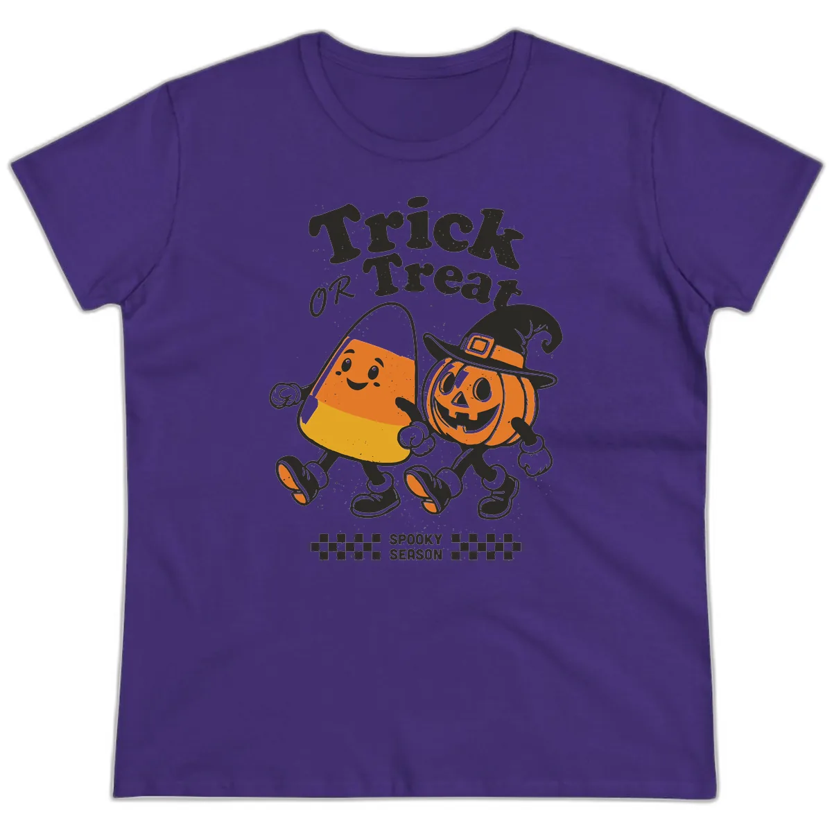Trick Or Treat Candy Corn Pumpkin Pals Ladies Tee in Purple