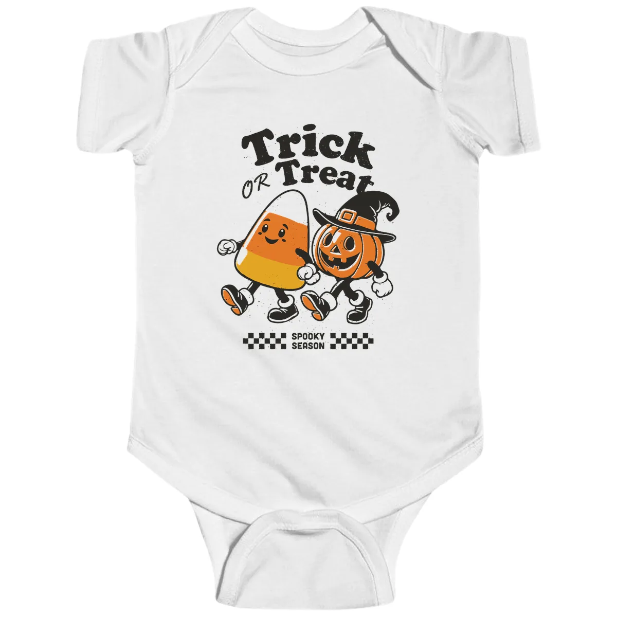 Trick Or Treat Candy Corn Pumpkin Pals Baby Onesie in White