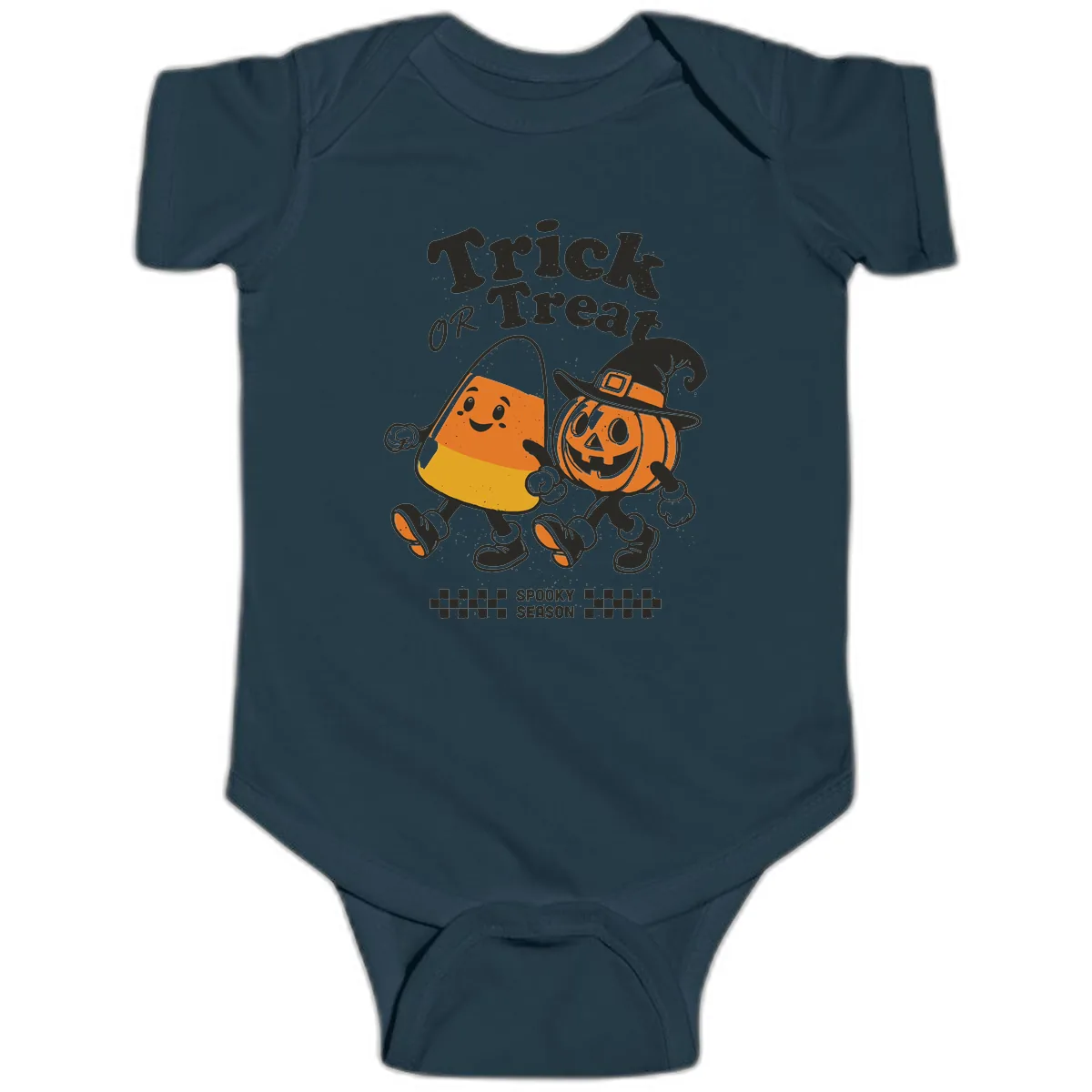 Trick Or Treat Candy Corn Pumpkin Pals Baby Onesie in Navy