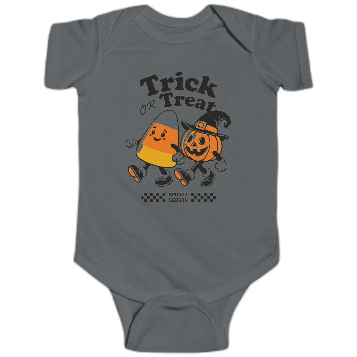 Trick Or Treat Candy Corn Pumpkin Pals Baby Onesie in Charcoal