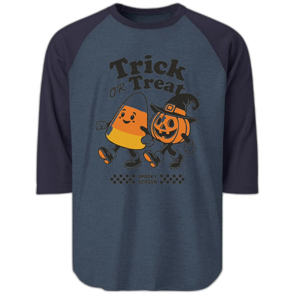 Trick Or Treat Candy Corn Pumpkin Pals Raglan 3/4 in Heather Denim Navy