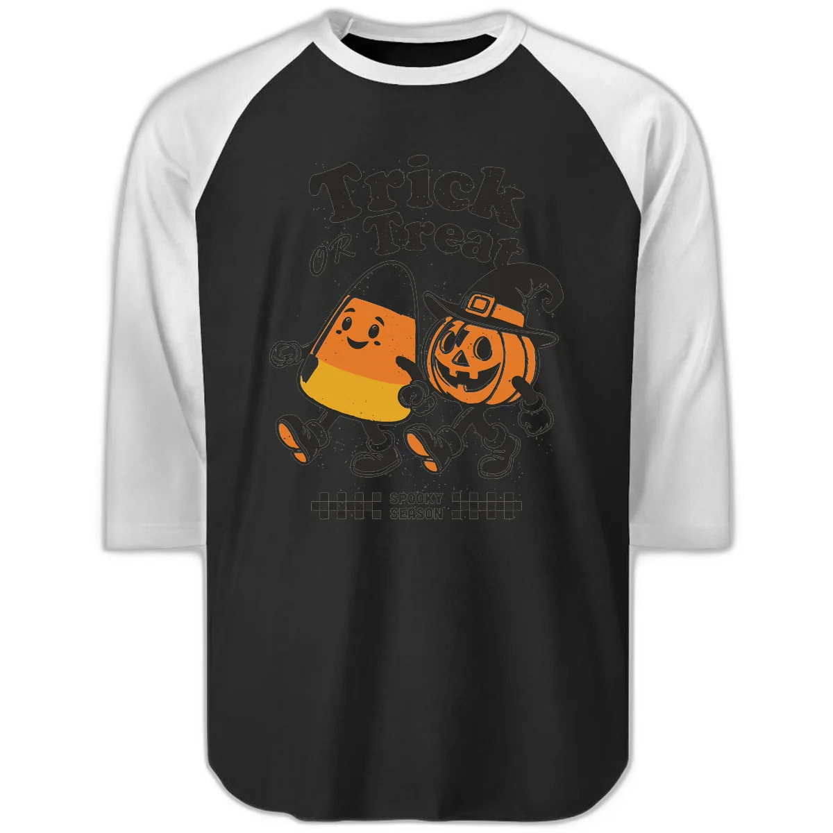Trick Or Treat Candy Corn Pumpkin Pals Raglan 3/4 in Black White