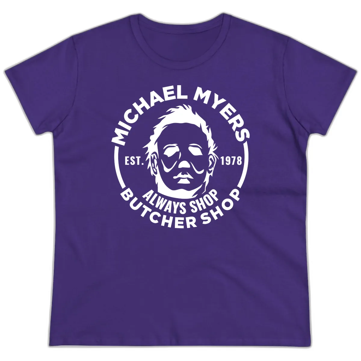 Michael Myers Butcher Shop Logo Ladies Tee in Purple