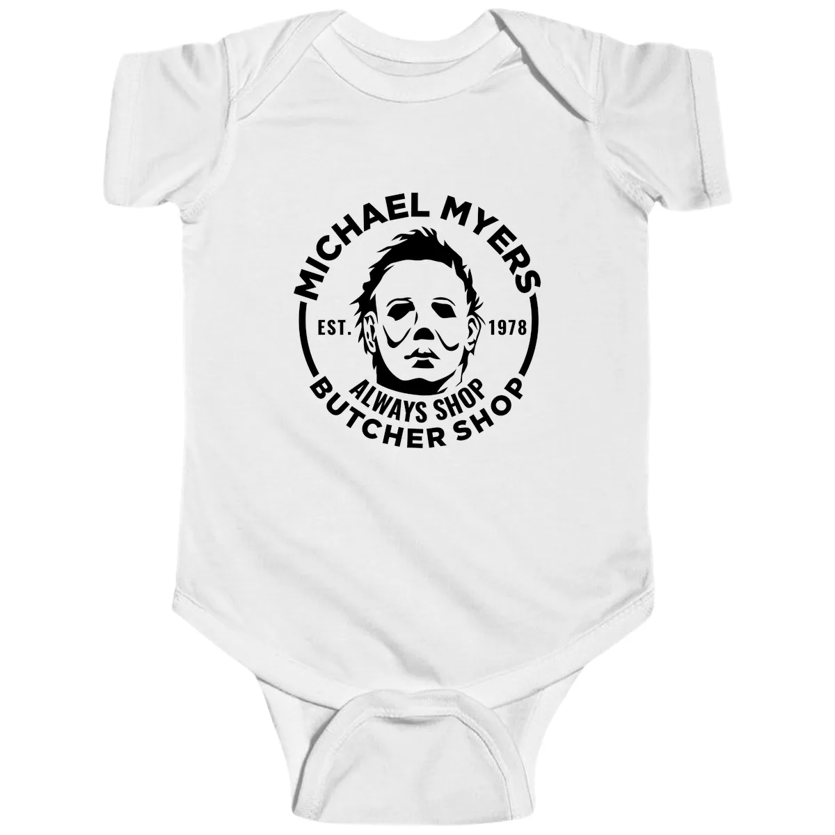 Michael Myers Butcher Shop Logo Baby Onesie in White